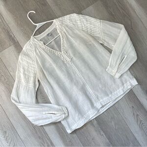 Free People Top linen cotton pintuck sheer long sleeve womens White small boho